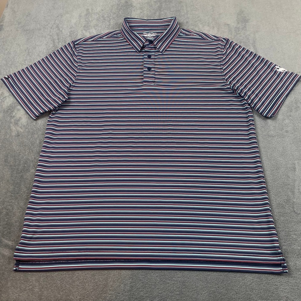 Straight Down Mens XXL Polo Shirt Navy Blue Striped Short Sleeve Bronco Logo